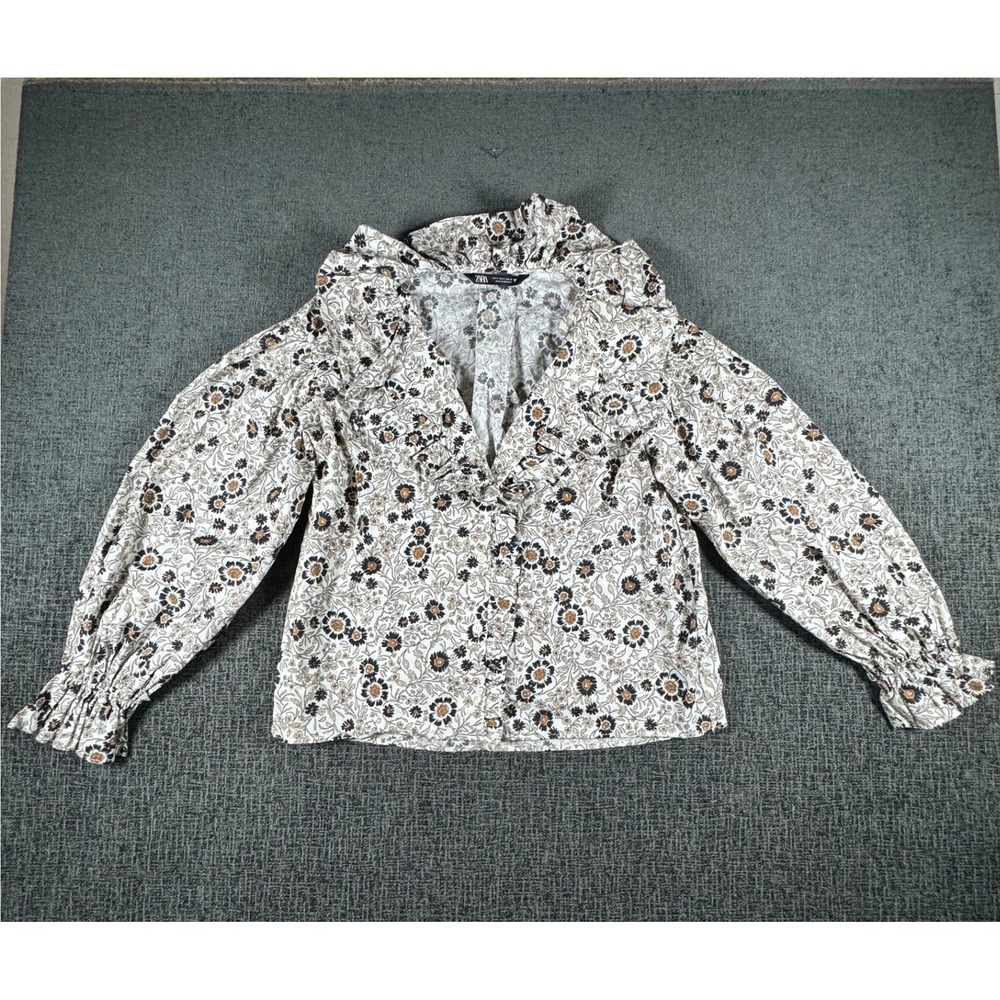 Zara Floral Ruffle V-Neck Blouse Balloon‎ Sleeve Smocked Cuff Cream Black Tan S